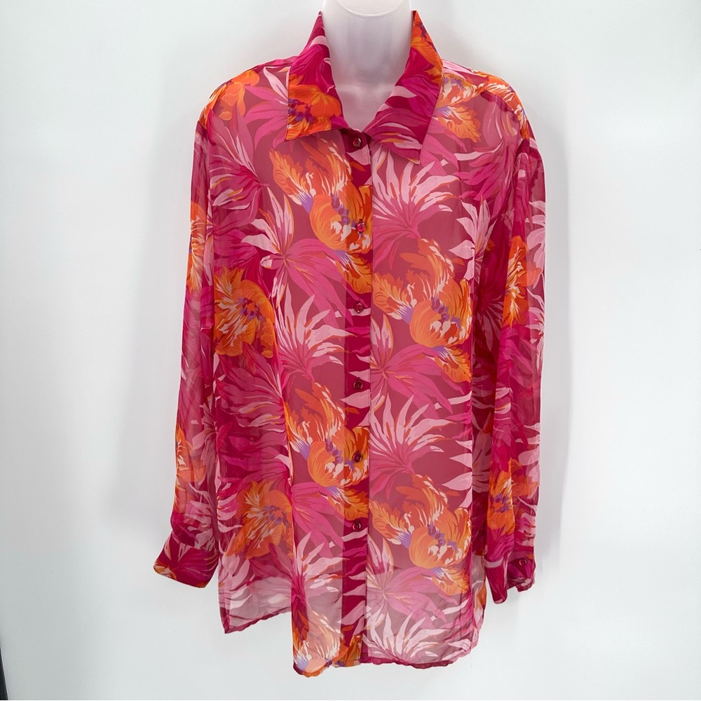 Notations Blouse Women’s XL Pink Floral Button Up Sheer Long Sleeve Top Classic